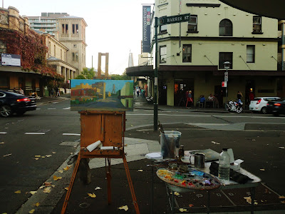 Plein air oil painting of the Terminus Hotel, corner of John and Harris street painted by industrial heritage artist Jane Bennett