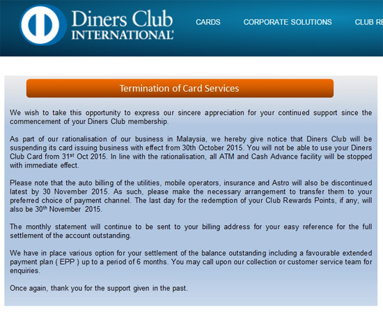 Kad Kredit Diners Club Tidak Boleh Digunakan di Malaysia