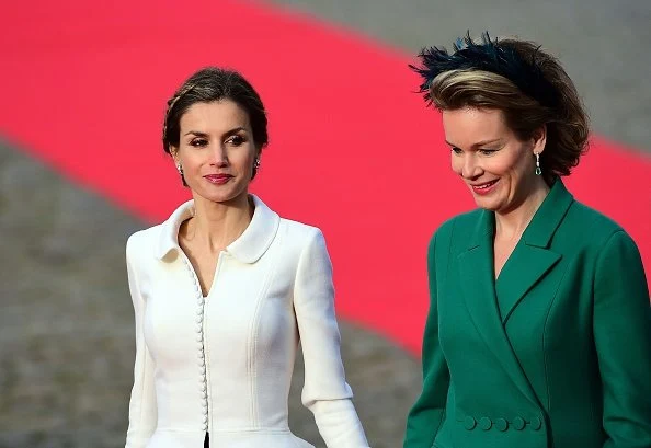 Queen Letizia of Spain is welcomed by Belgium's Queen Mathilde 