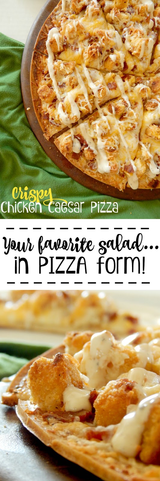 Crispy Chicken Caesar Pizza...the tastes of a great Caesar salad on pizza!  A crispy thin crust, Caesar dressing, bacon and chicken.  Delicious! (sweetandsavoryfood.com)