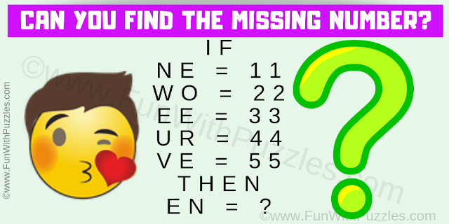 IF  NE = 11, WO = 22,  EE = 33,  UR = 44 and  VE = 55  THEN  EN = ?. Can you solve this Math Reasoning Puzzle Question and Answer for Adults?