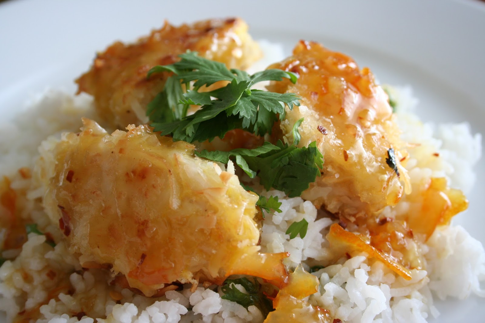 Crispy Coconut Chicken with Honey Orange Sauce over CilantroLime Rice