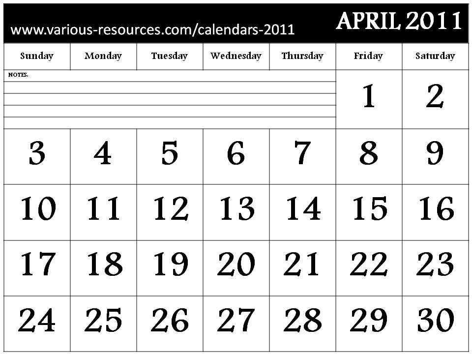 blank 2011 calendar april. Free 2011 Calendar April month