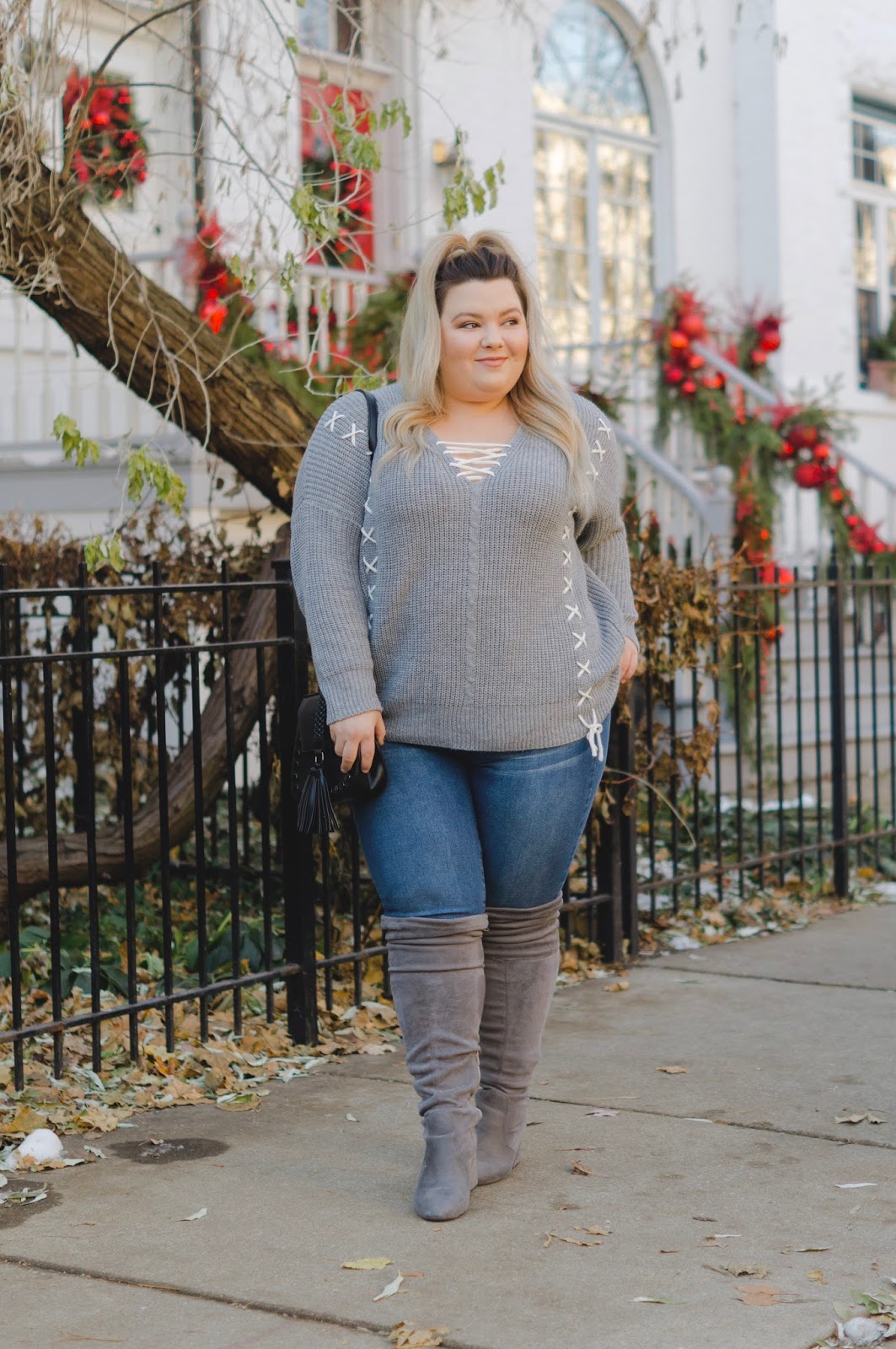 natalie in the city, Chicago model, Chicago fashion blogger, plus size fashion blogger, plus size style, plus model magazine, eff your beauty standards, embrace my curves, Charlotte Russe plus, tummy control jeans, affordable plus size fashion for women, wide calf knee high boots, faux suede wide calf boots, wide calf sock boots