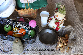 Eclectic Red Barn: flea market finds - baskets, rake, lights
