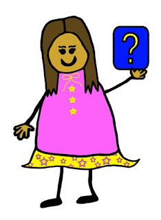 Stick figure girl with brown hair and pink dress holding a yellow question mark on a blue background.
