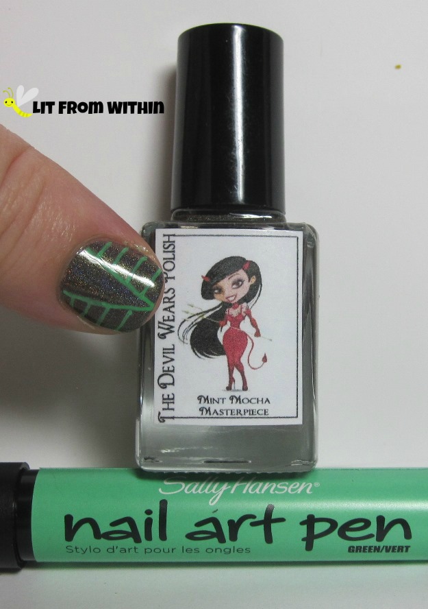 Bottle shot:  The Devil Wears Polish Mint Mocha Masterpiece, and a Sally Hansen Nail Art Pen in Green.