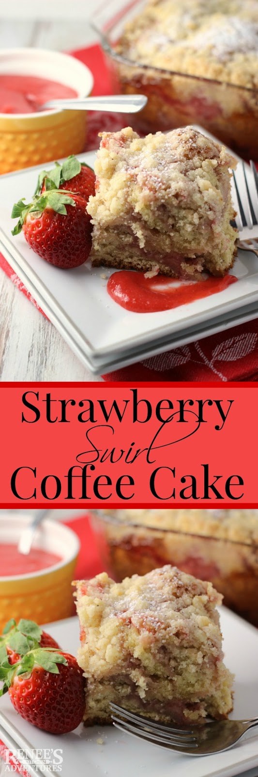 Strawberry Swirl Coffee Cake | Renee's Kitchen Adventures - dessert recipe for a moist coffee cake with fresh strawberry puree ribbons and a buttery streusel topping #SundaySupper #FLstrawberry @Flastrawberries