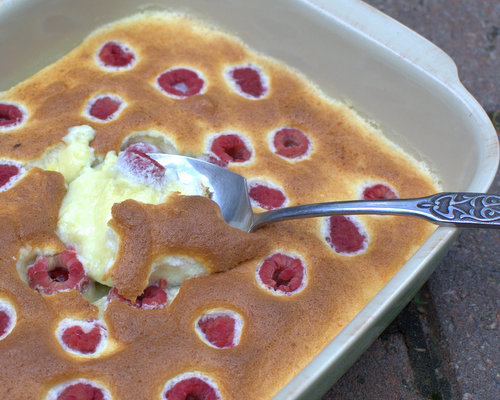 Lemon Pudding Cake, another time-tested recipe ♥ KitchenParade.com, that old-fashioned lemon dessert, lemony cake on top and lemon pudding on the bottom. Now with raspberries!