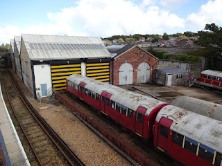 Old London Underground tube train in the sidings at Ryde St John's Road station on the Isle of Wight
