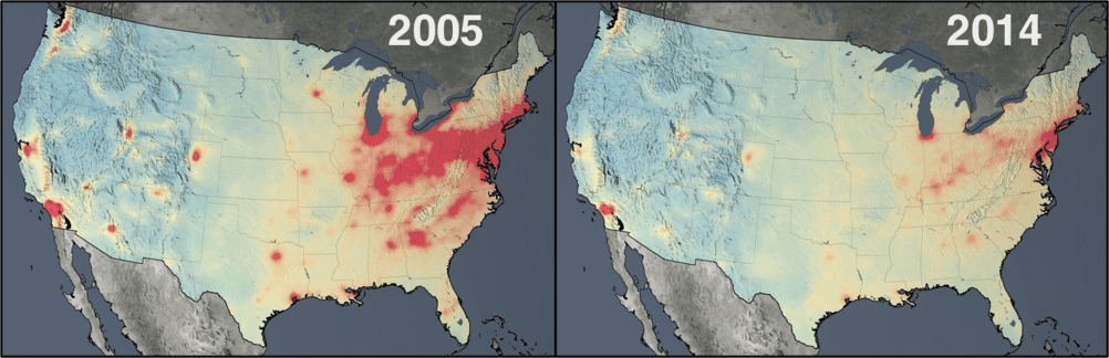 Air quality improvements across the USA (2005 - 2014) 
