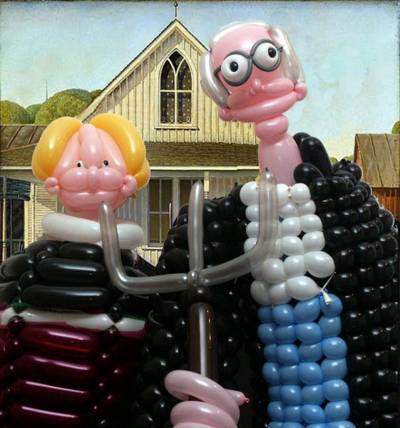 Grant Wood's American Gothic, recreated in balloons
