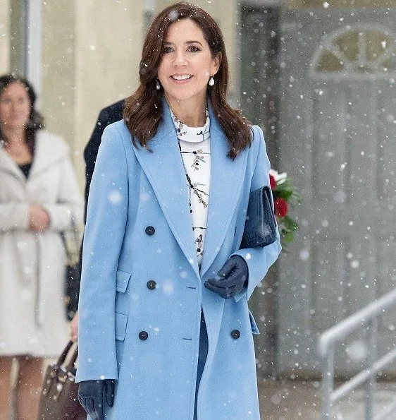 Crown Princess Mary wore Stine Goya blouse, Ralph Lauren wool coat, Gianvito Rossi Pumps and carried Quidam clutch