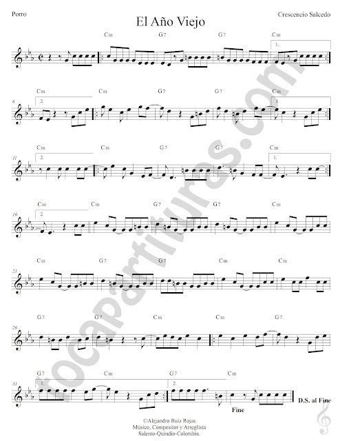 El Año Viejo Porro de Crescencio Salcedo Partitura Fácil con Acordes El Año Viejo Easy  Easy Treble Clef Sheet Music for beginners with Chords