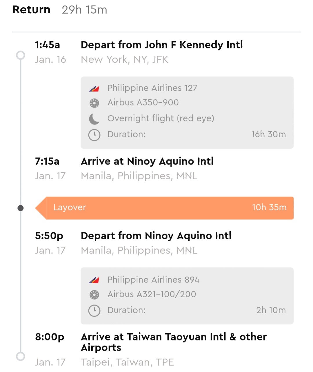 Taipei to New York via Manila for 1560 with Philippine Airlines