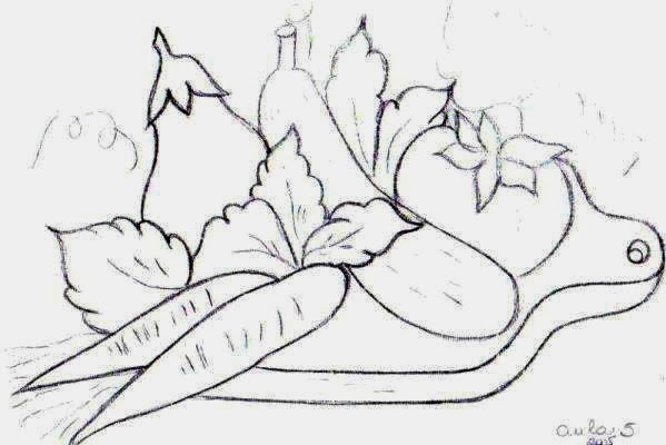 desenho tabua de carne com cenoura,tomate, beringela e pepino