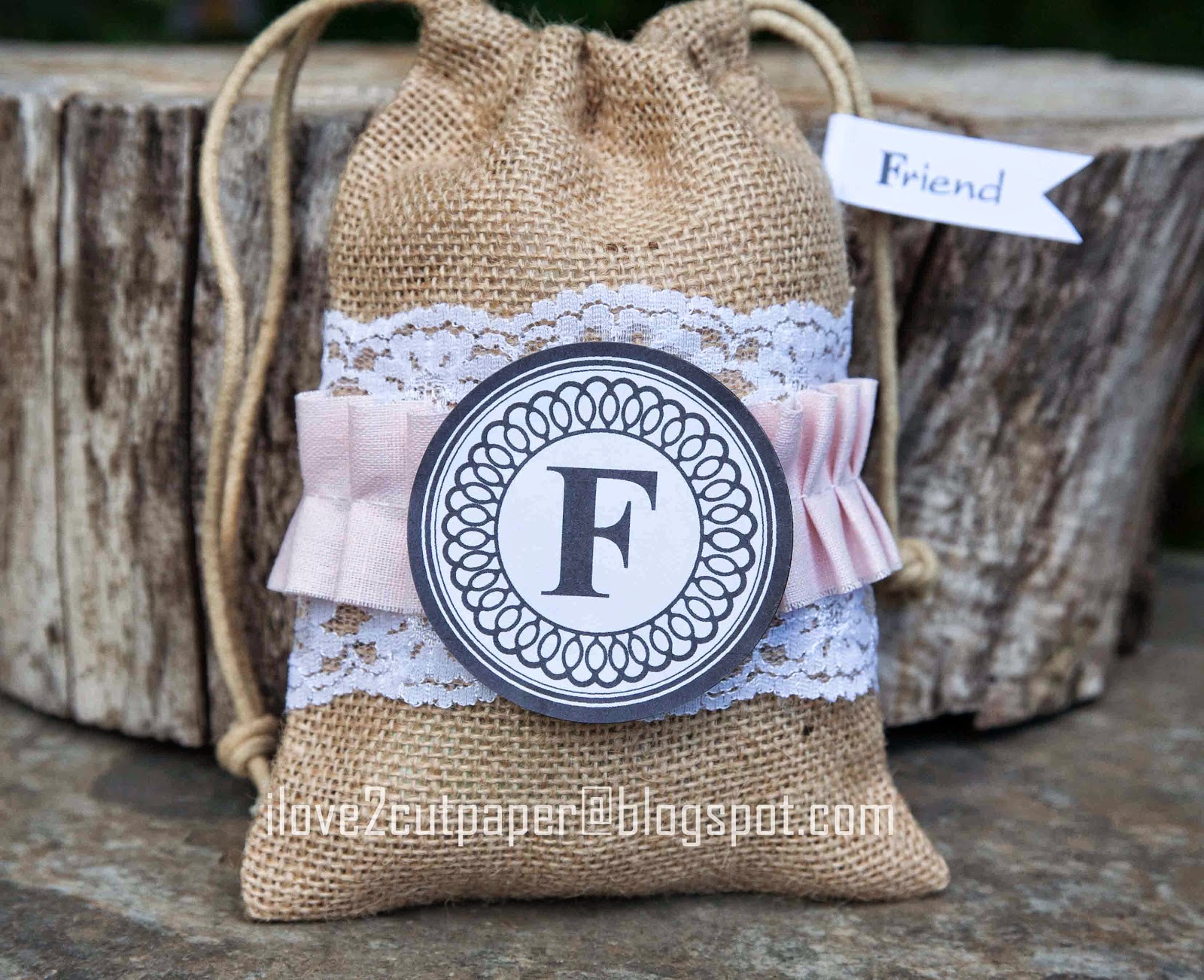 i love 2 cut paper Burlap Gift Bags with Monogram Toppers