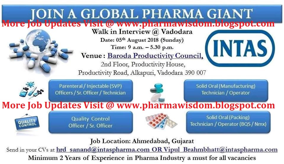 Intas Pharmaceuticals Ltd WalkIn Interview for Multiple Positions on