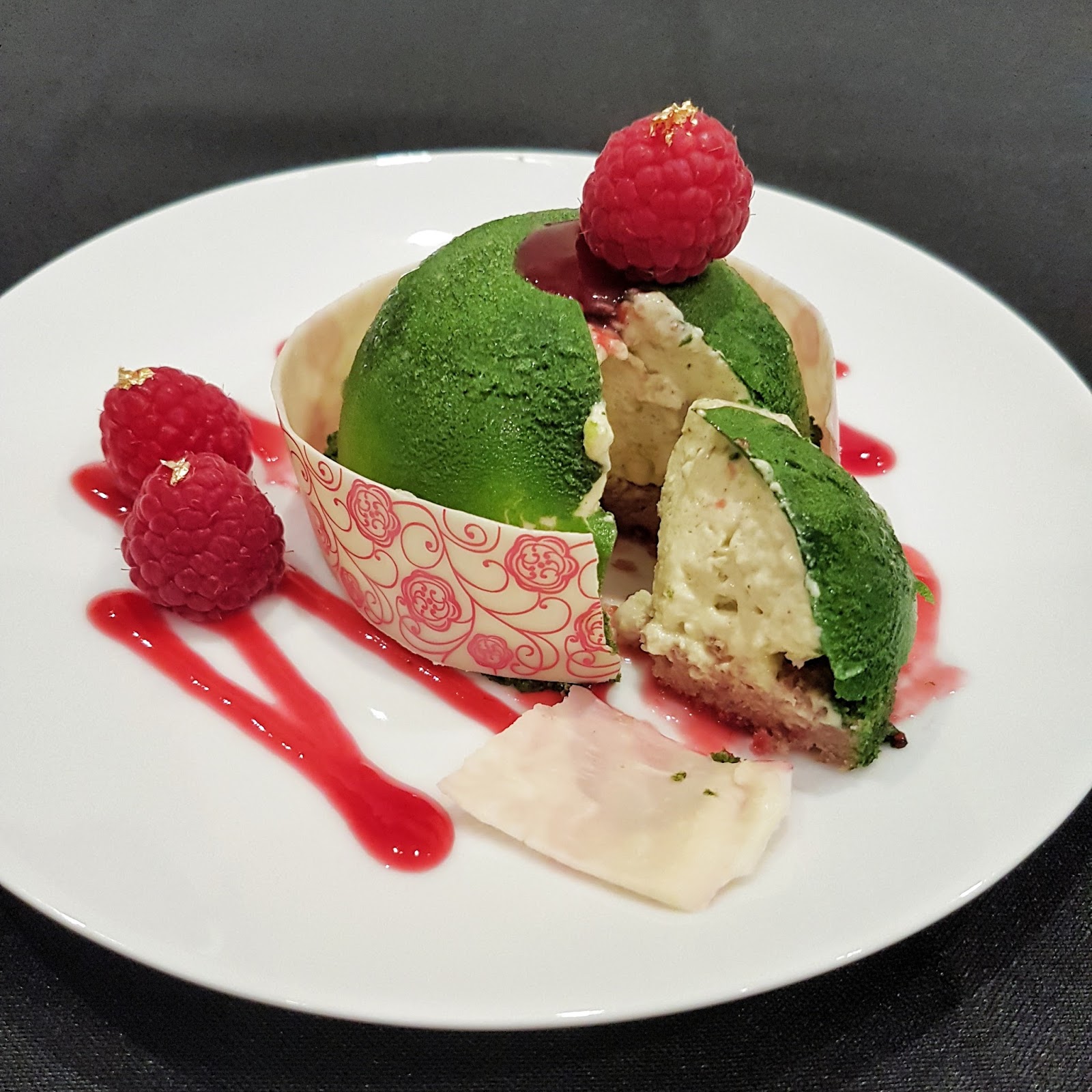 Pistachio Mousse on Raspberry Sponge