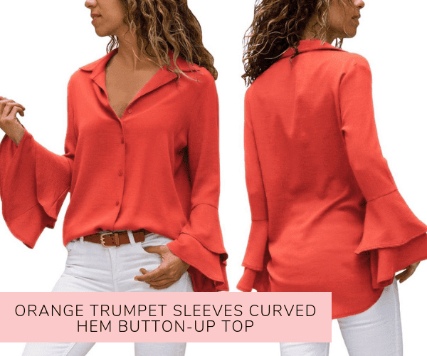 Orange Trumpet Sleeves Curved Hem Button-Up Top - Lookbook Store