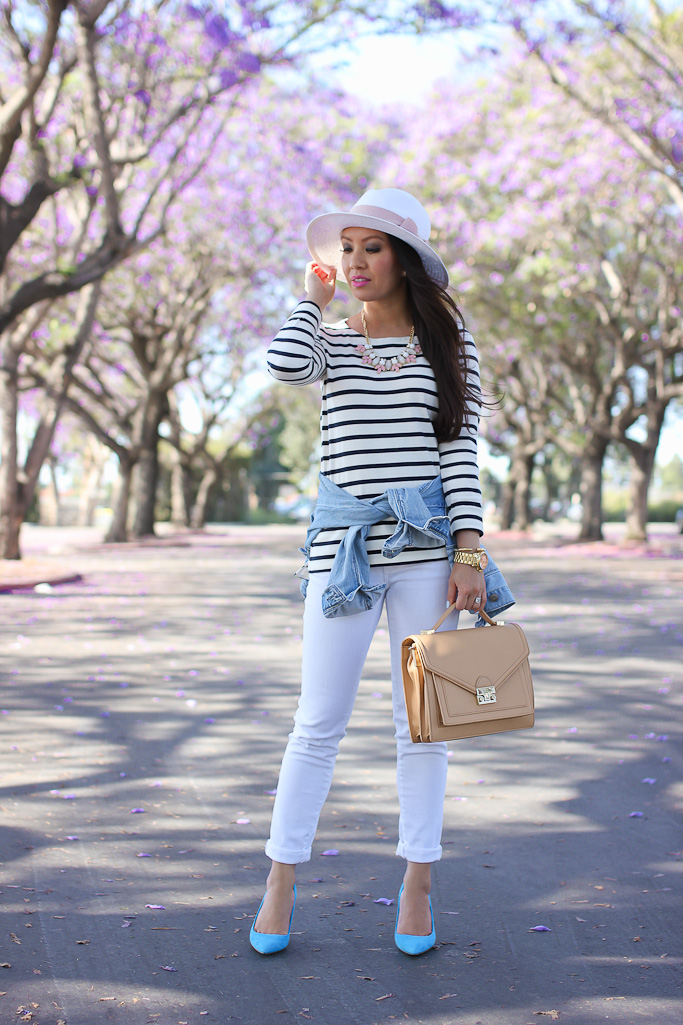 AG cigarette stilt roll up white jeans Ann Taylor stripe shoulder zip cotton top BP leaf necklace H&M white straw hat with pink ribbon Jcrew blue elsie suede pumps Kate Spade seaport faux pearl stud earrings Loeffler Randall rider bag