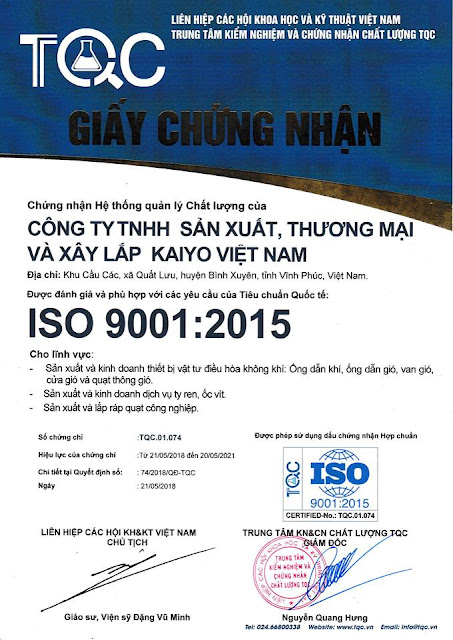 giấy chứng nhận đạt chuẩn Iso 9001:2015 kaiyo giay chung nhan dat chuan Iso 9001:2015 kaiyo