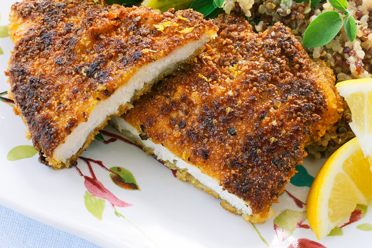 Laura Friendly Breaded Pan Fried Chicken, Brussel Sprouts & Quinoa