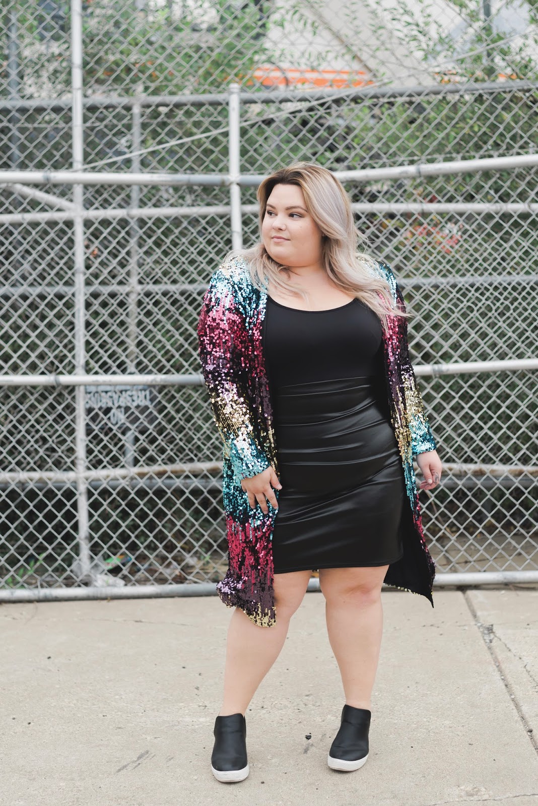 natalie Craig, natalie in the city, Chicago plus size fashion blogger, Chicago plus size model, sequin blazer, plus size sequins, wedge sneakers, inavie boutique, affordable plus size fashion, sequins fall 2017, how to wear sequins, plus model magazine, midwest blogger, Chicago fashion, rainbow sequins, curves and confidence