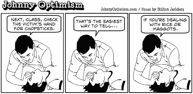 johnny optimism, medical, humor, sick, jokes, boy, wheelchair, doctors, hospital, stilton jarlsberg, cpr lessons, mouth to mouth, resuscitation, cpr class, rice, maggots