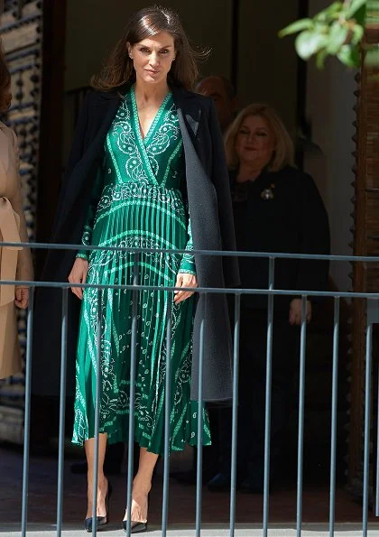 Queen Letizia wore Sandro iconic scarf-print dress, Prada pumps and Carolina Herrera coat for Inauguration of Real Monasterio de la Encarnacion