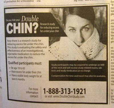 Black and white newspaper ad for a study about double chins, showing a photo of a thin-faced woman hiding her chin with a sweater collar