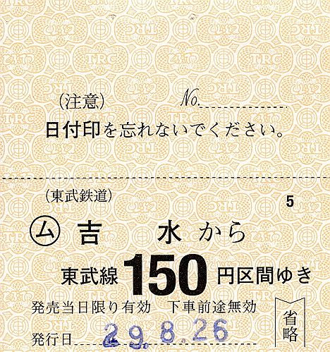 【1000円分の高額券も!】東武佐野線 吉水駅の常備軟券乗車券(2017年)