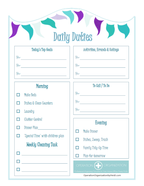 'DAILY DUTIES' Checklist - Check out the FREE printable Home Management checklists that Professional Organizer,  Operation Organization by Heidi has available!