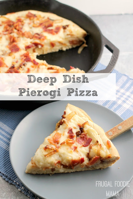 A thick, deep dish homemade crust is smothered in creamy homemade mashed potatoes, sweet caramelized onions, crispy bacon, and gooey cheese in this Deep Dish Pierogi Pizza. 