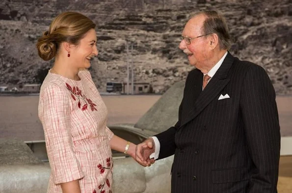 Hereditary Grand Duchess Stéphanie of Luxembourg, Grand Duke Jean of Luxembourg. MUDAM president. Princess Stéphanie wore floral print dress, Prince Guillaume