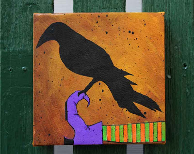 acrylic painting of a crow perched on a witch's leg