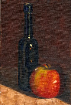 Oil painting of an antique blue castor oil bottle beside a red and green apple.