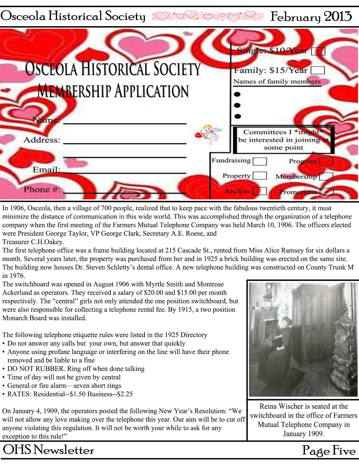 Osceola (Wisconsin) Historical Society Osceola Historical Society February 2013 Newsletter