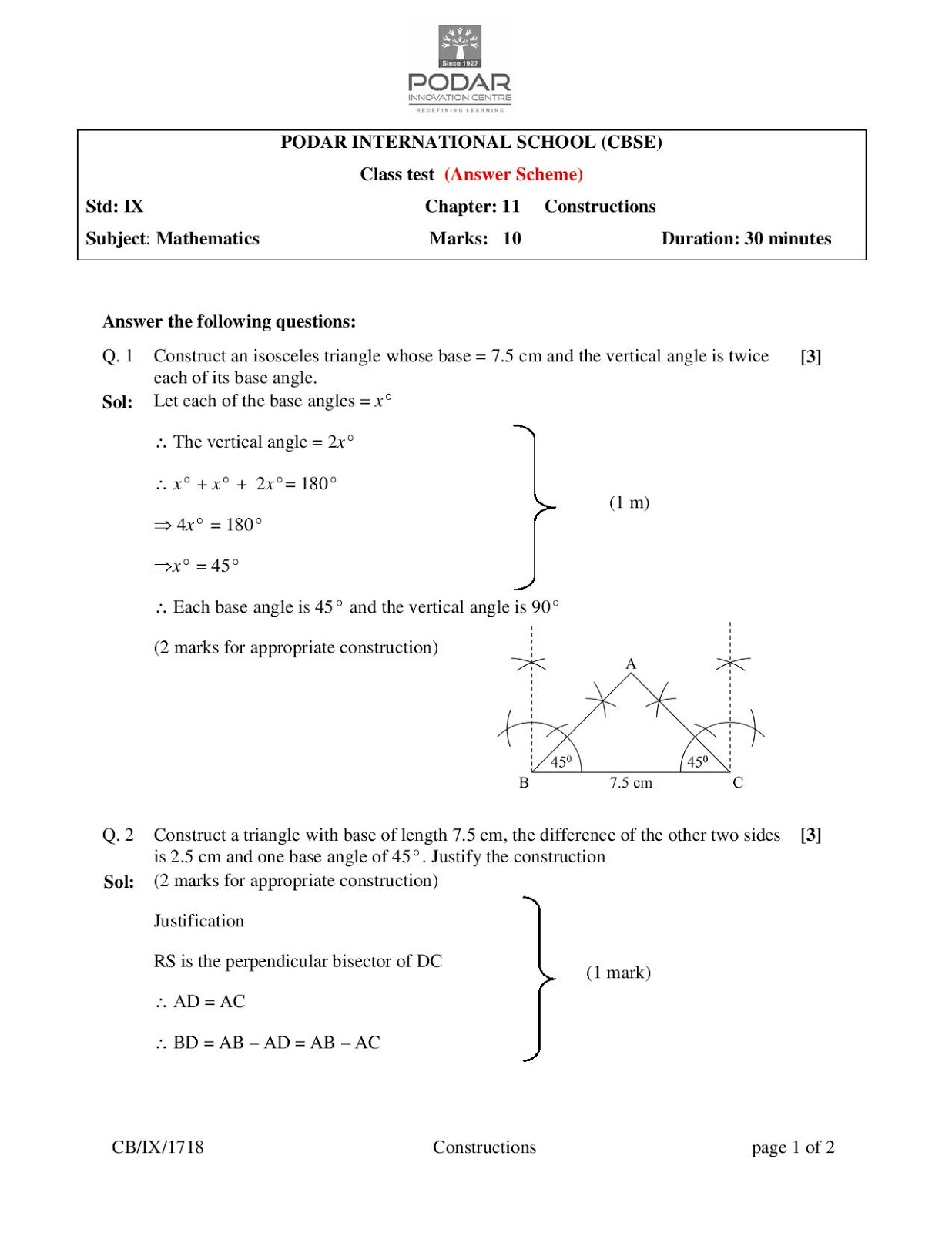 Math Construction Class Test Answer Scheme