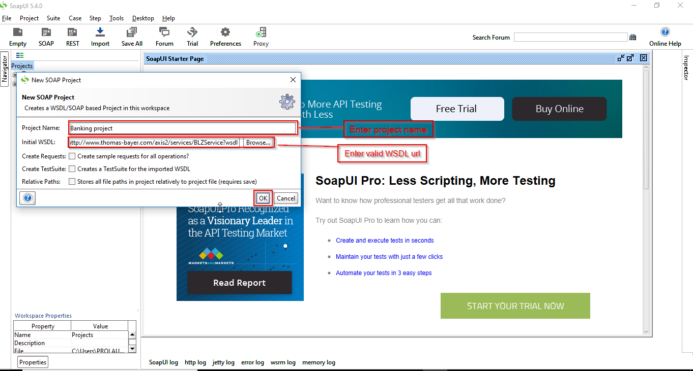 SoapUI How to create Soap project with new test suite using WSDL URL