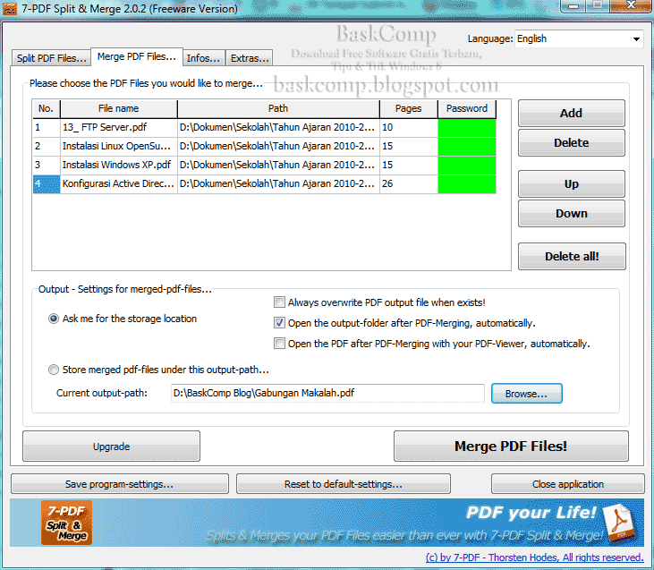 Jendela Merge PDF Files... pada software 7-PDF Split & Merge Portable