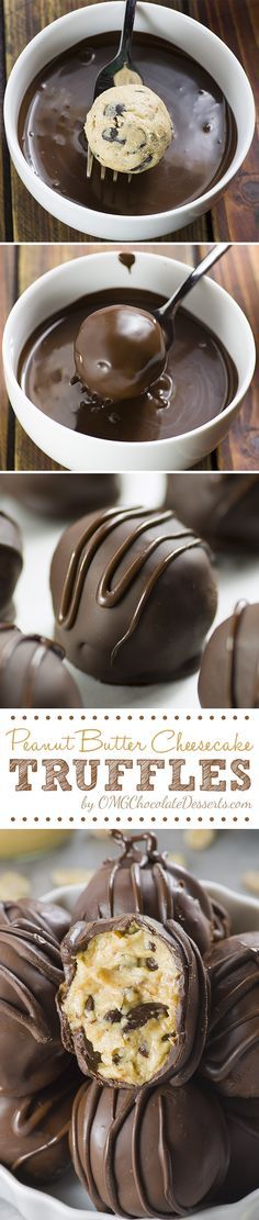 Peanut Butter Cheesecake Truffles are heavenly treat for real peanut butter-chocolate combo lovers. These yummy bites are so rich and decadent and you will satisfy all your sweet cravings with just a few of them. Crunchy chocolate shells are hiding creamy and rich peanut butter cheesecake full with chopped bitter-sweet chocolate chips. Peanut Butter Cheesecake Truffles are heavenly treat for real peanut butter-chocolate combo lovers. These yummy bites are so rich and decadent and you will satisfy all your sweet cravings with just a few of them. Crunchy chocolate shells are hiding creamy and rich peanut butter cheesecake full with chopped bitter-sweet chocolate chips.
