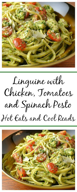 An easy and delicious pasta recipe that'sperfect for Sunday dinner or even a holiday meal! Linguine with Chicken, Tomatoes and Spinach Pesto Recipe from Hot Eats and Cool Reads!
