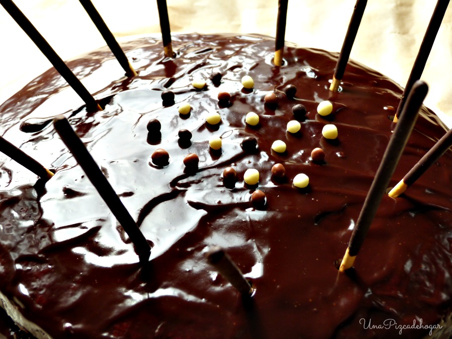 pastel de chocolate con palitos mikado