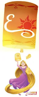Alfabeto en Blanco de Rapunzel con Lámparas. Rapunzel with White Alphabet in Flying Lanterns.