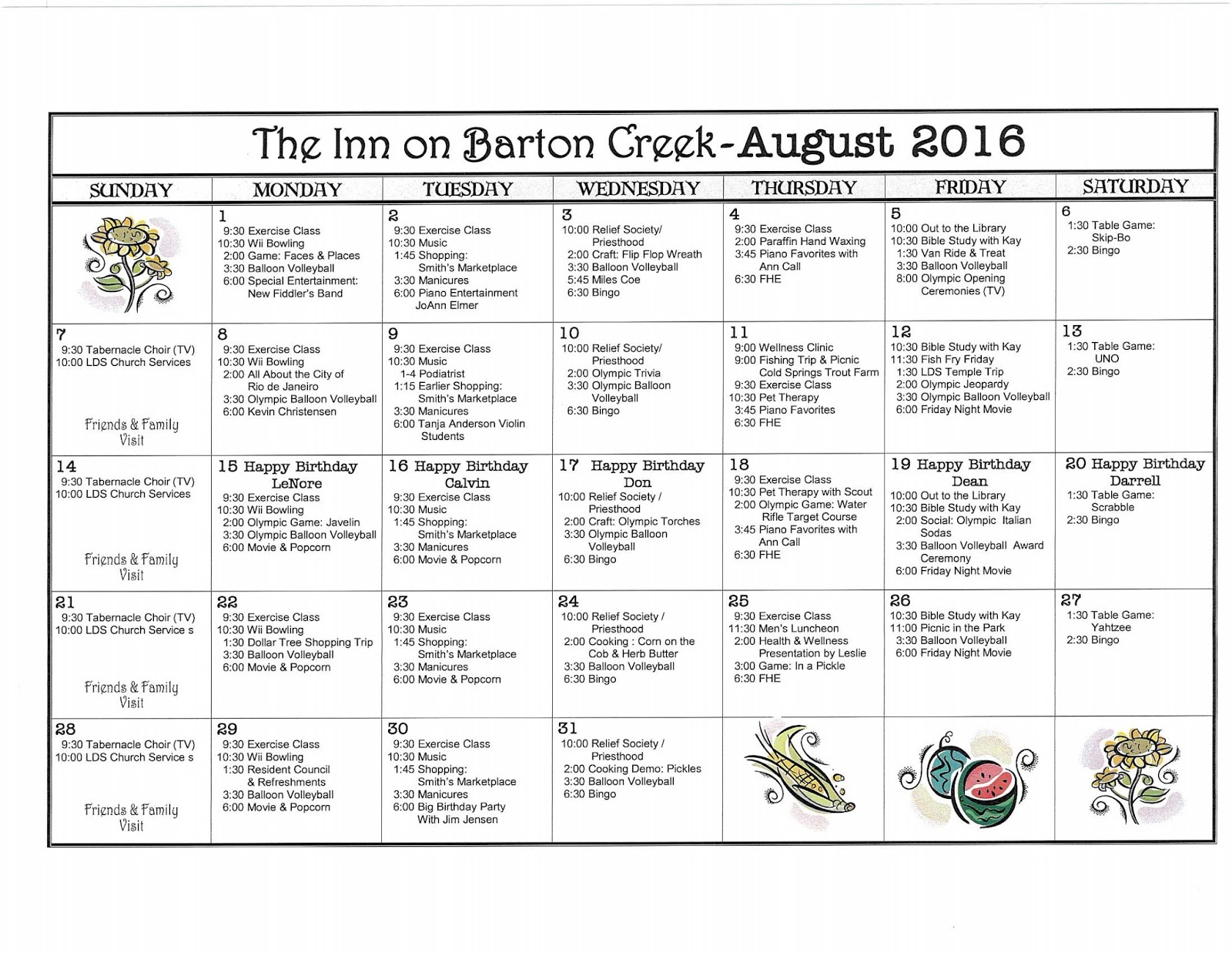 Barton Creek Assisted Living August 2016 Activities Calendar Barton Creek Assisted Living August 2016 Activities Calendar