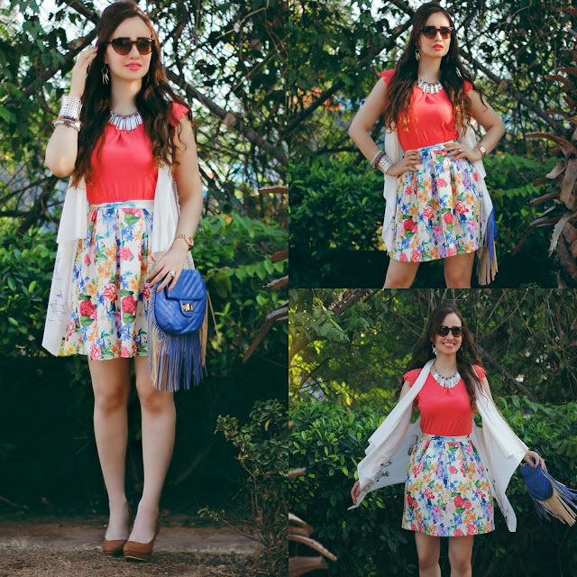 Shoppers Stop Spring Summer Collection 2016 Coral Top, Floral Skater Skirt, White Cape, Fringe Bag,Women's Summer Fashion,Shoppers Stop Spring Summer Collection 2016