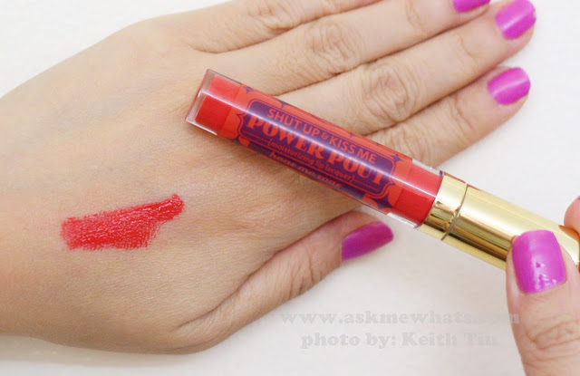 A swatch photo of Happy Skin Shut Up & Kiss Me Power Pout Misturizing Lip Lacquer in Hear Me Roar