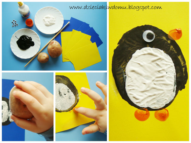pingwinek ze stempelków z ziemniaka - zimowe zabawy dla dzieci