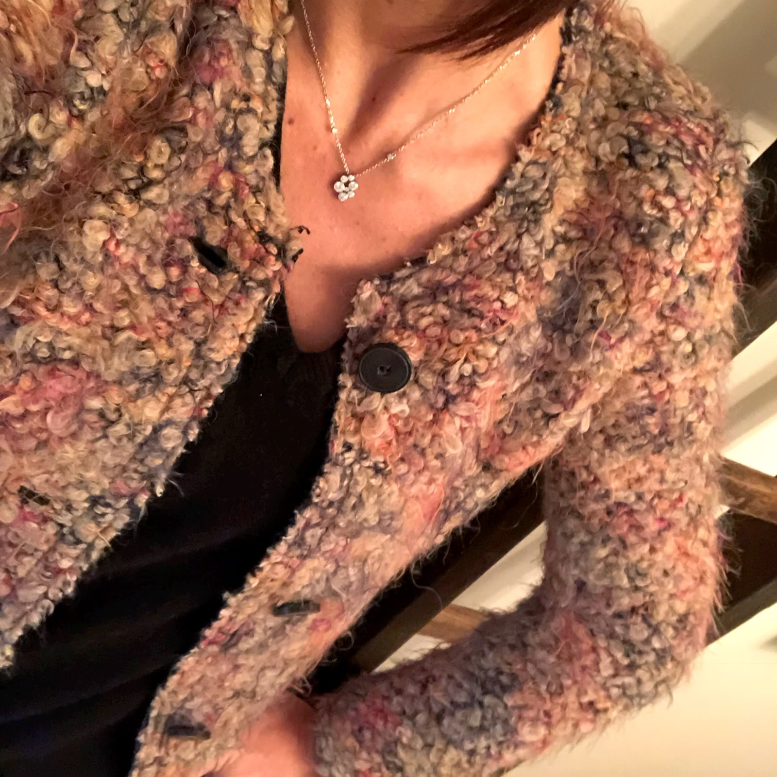 my midlife fashion, iro boucle knitted jacket, boden relaxed fit cashmere jumper, and other stories oversized wool scarf wtih tassels, french connection rebound cropped kick flare jeans, marks and spencer stiletto heel side zip ankle boots